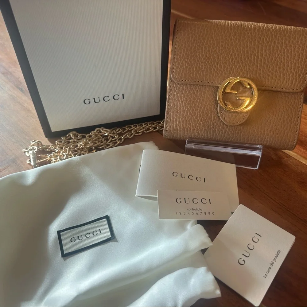 Gucci Beige Trifold Wallet with Gold Accent with gold Chain, Box and Dust Bag